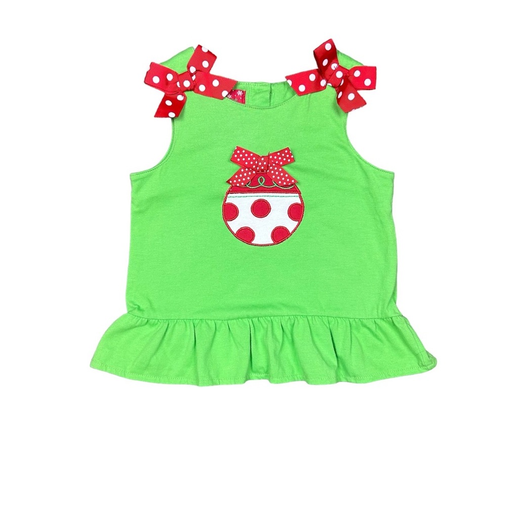 Cre8ions green peplum tank top with ornament appliqué and red dot bows 2t